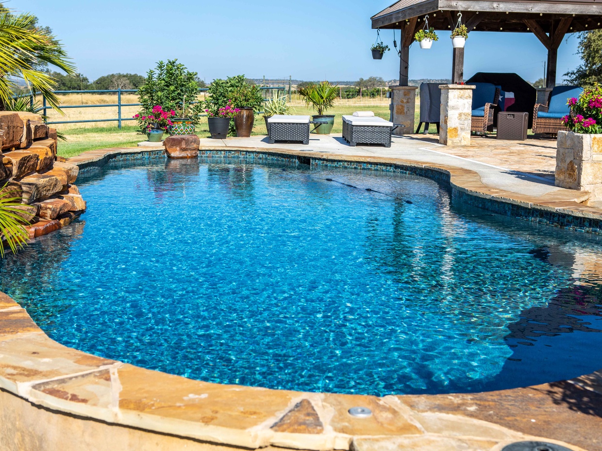 The pool is behind your host's home, not the guesthouse.
