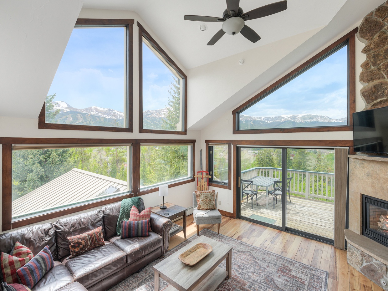 Level 4 (top): Living Room with comfortable couches, terrace, gas fireplace, and TV