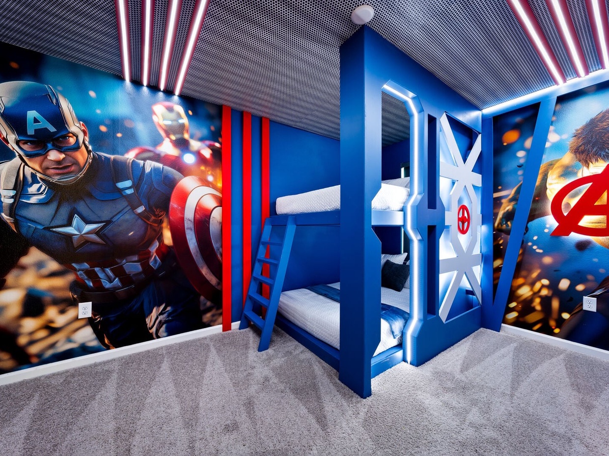 The house features multiple themed rooms such as Harry Potter, Marvel, Mickey Mouse and more!
