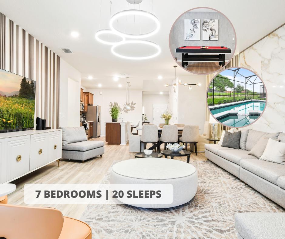 Enjoy a magical Orlando getaway in this 7-bedroom, 5.5 bathroom with private pool, game room and resort access. Ideal for large groups!