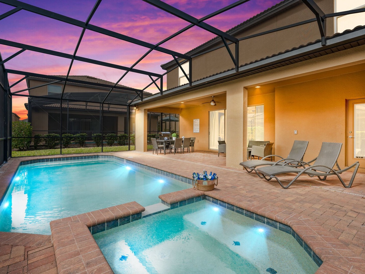 Enjoy the lovely evening sunsets outside by the private pool.