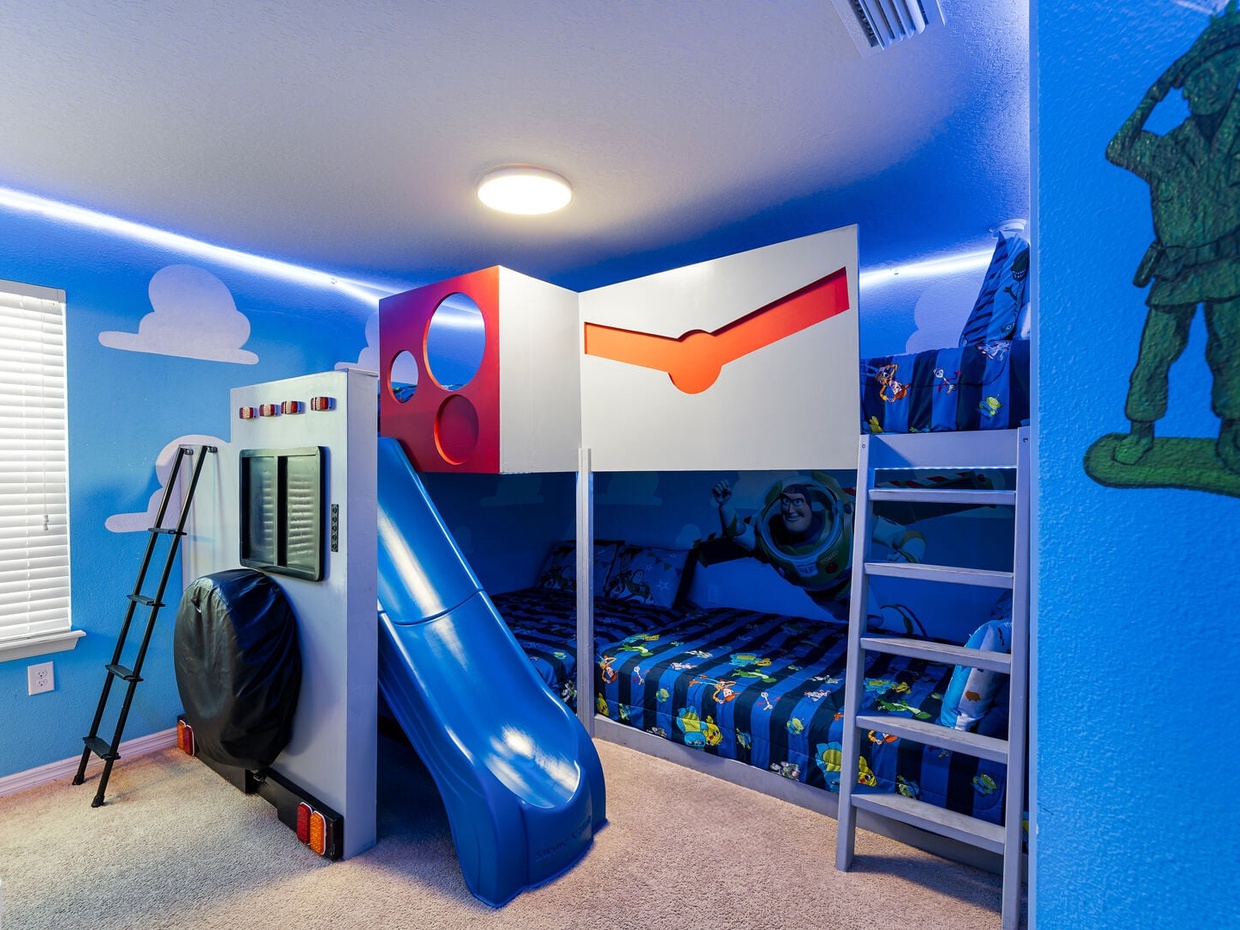 The home features multiple themed rooms, designed to create a playful atmosphere for your children!