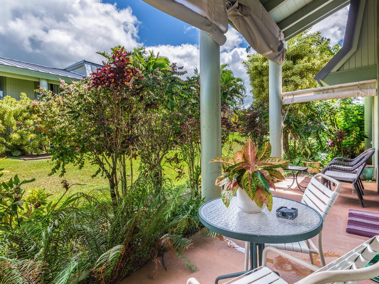 The large ground floor lanai is the perfect spot for enjoying a quiet morning, taking in the beautiful grounds, and sipping a cup of coffee.