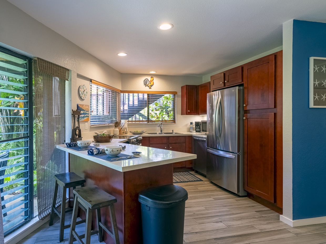 Everything you need is in the well appointed kitchen: full size fridge/freezer, dishwasher, microwave, toaster, drip coffee pot, all the pots/pans, dishes, and utensils you may need, and a small selection of basic cooking supplies.