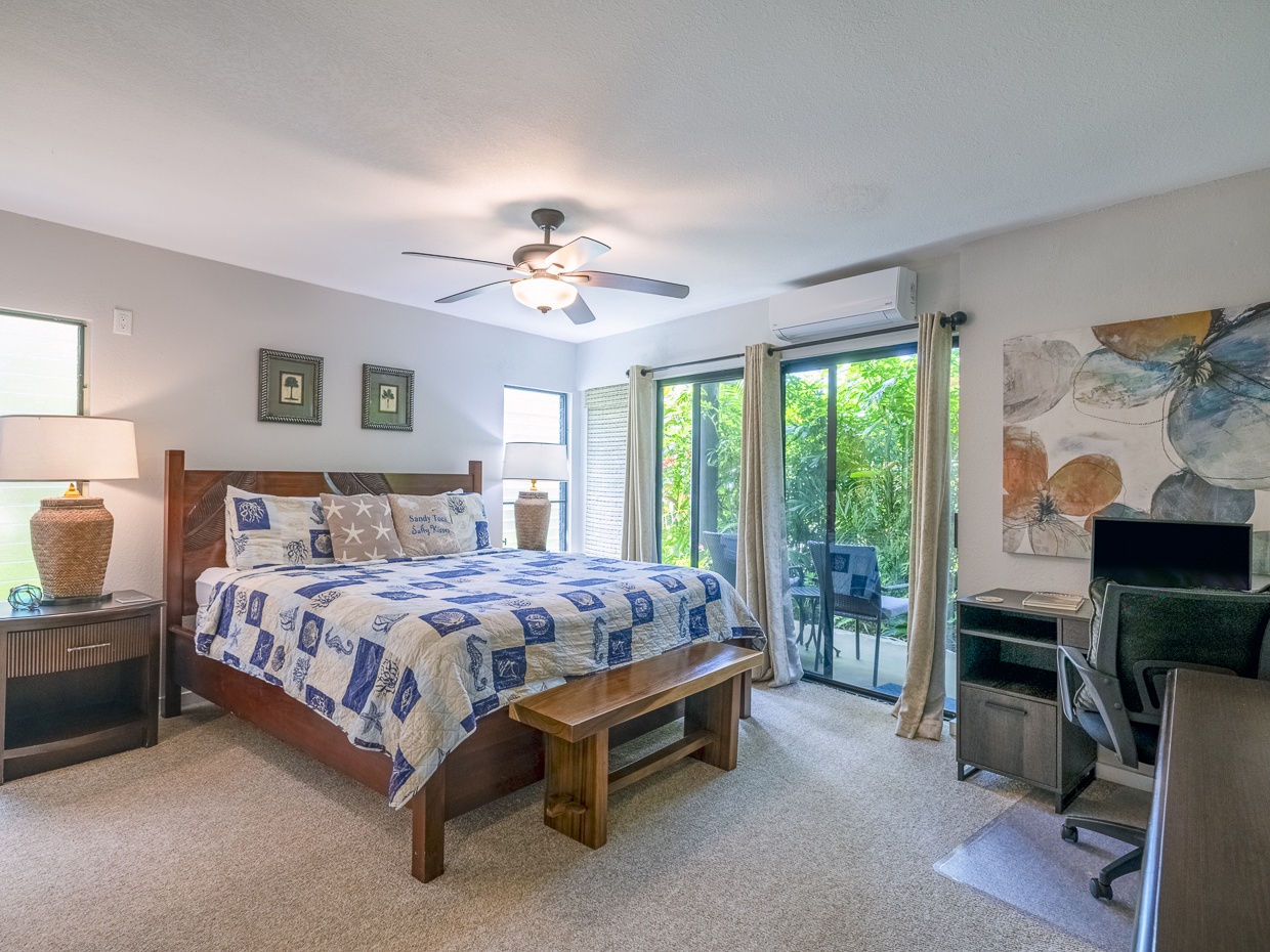 The master bedroom is air conditioned as well (a true luxury), but you have your own private access to the large lanai if you prefer to keep the doors open for some fresh air!