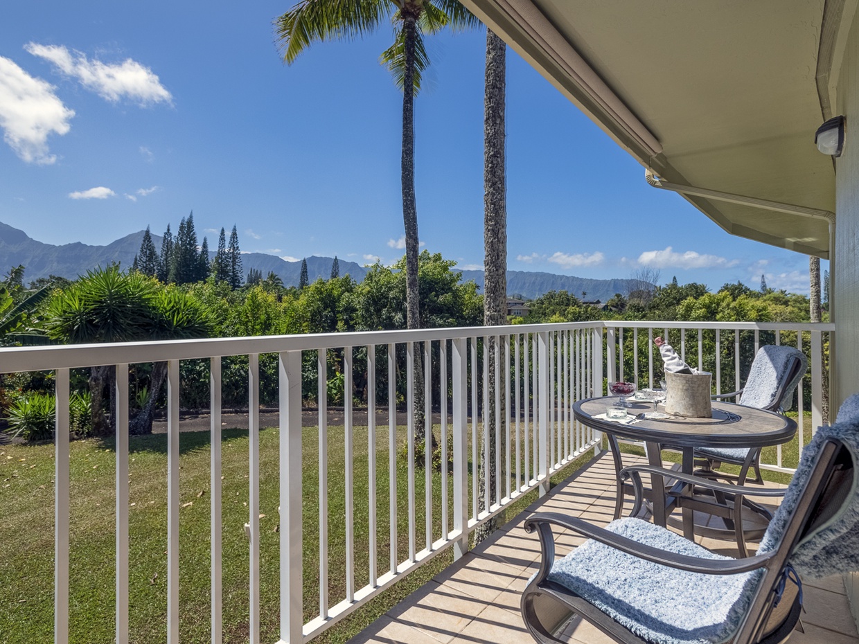 On the other side of the lanai you’ll find a comfortable seating option with stunning mountain and waterfall views. The perfect al fresco dining spot for 2!