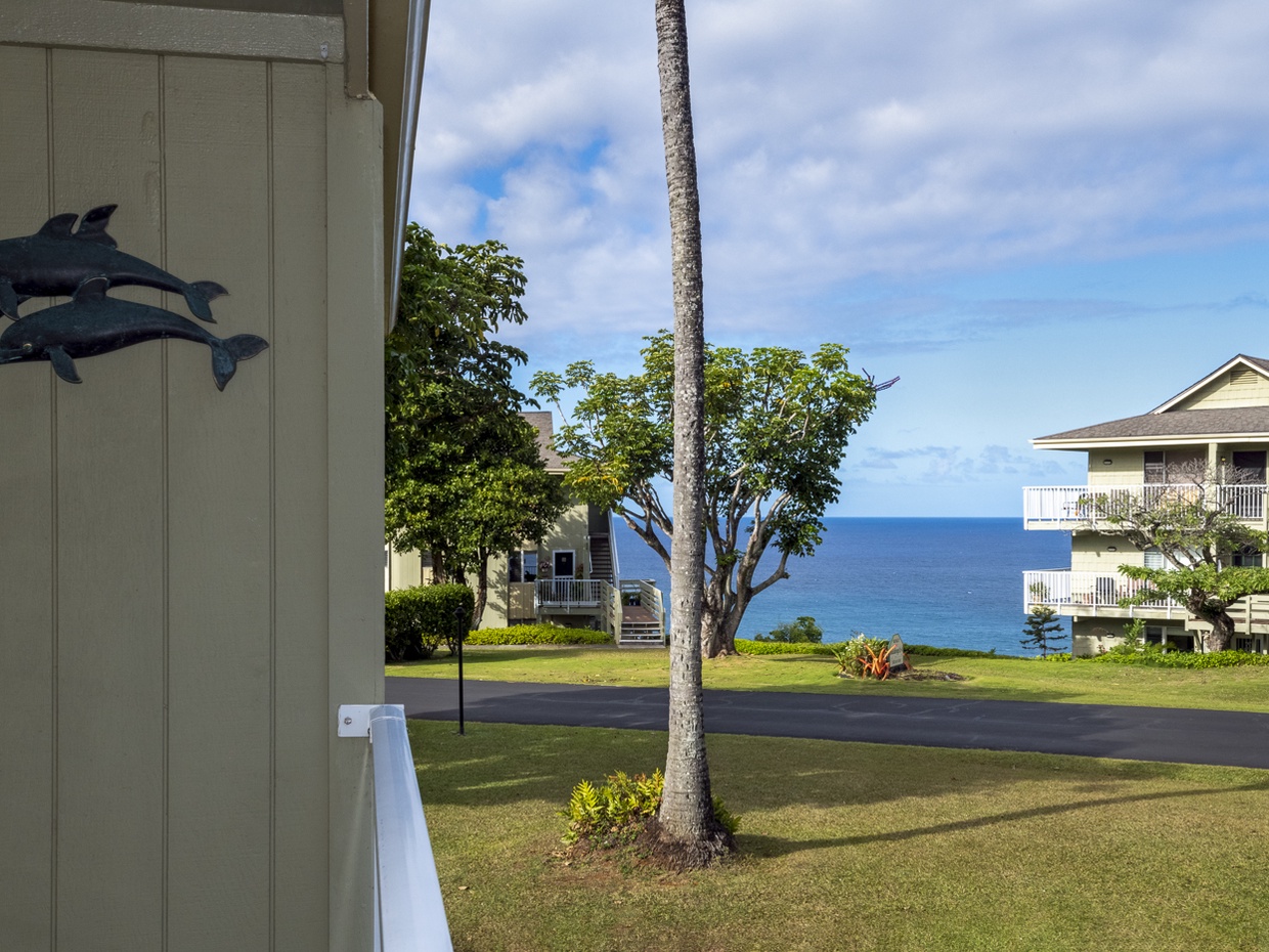 Look out at the ocean over the beautifully maintained tropical landscape