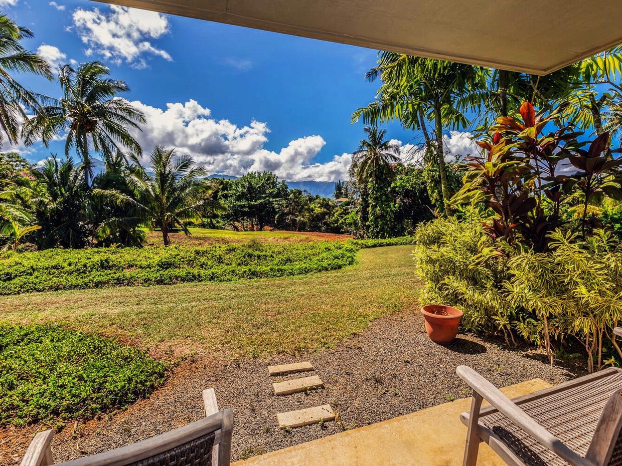Alii Kai 10A is a beautiful ground-floor unit that feels like a luxurious tropical retreat. The private lanai looks out at the lush mountainous interior of the island, and butts right up to a grassy yard space where you can soak up the sun.