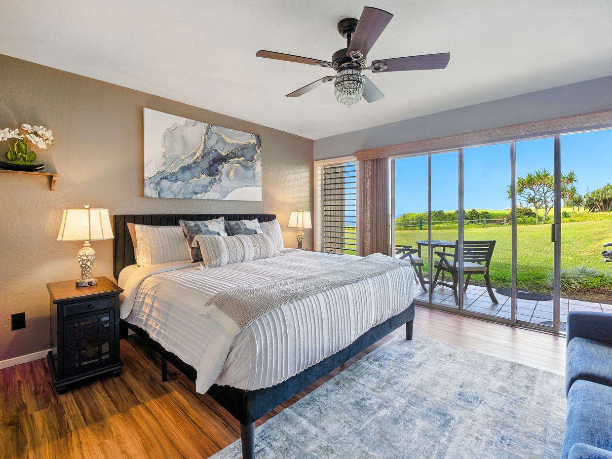 You can enjoy island sunrises from the comfort of your bed thanks to the wall of floor-to-ceiling windows, or you can take your coffee al fresco on the private lanai to catch the sunrise (and maybe even a few whales!)