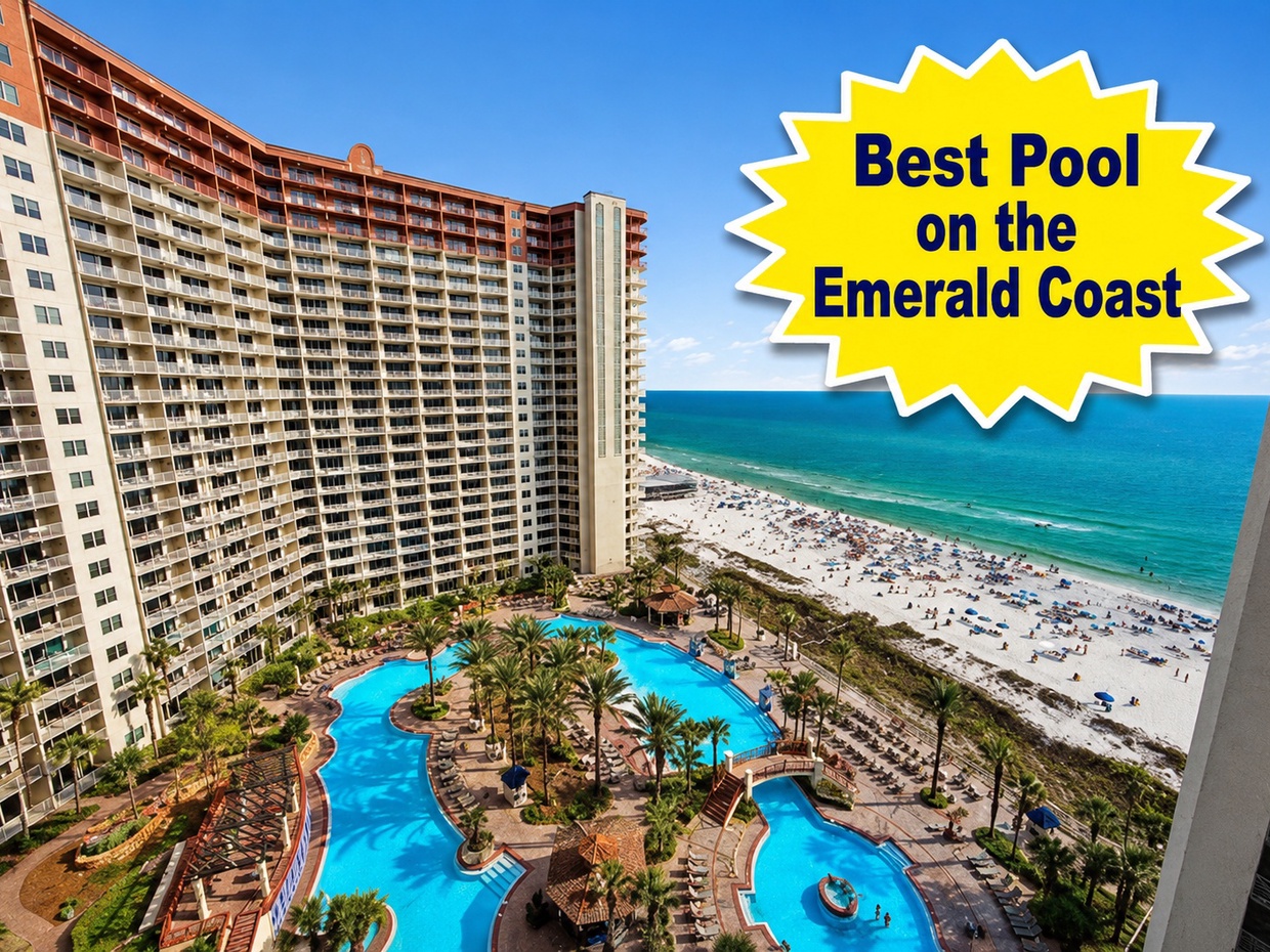 Lagoon-style resort pool and Gulf-front beach views at Shores of Panama in Panama City Beach. A guest favorite for relaxing, swimming, and enjoying the Emerald Coast.