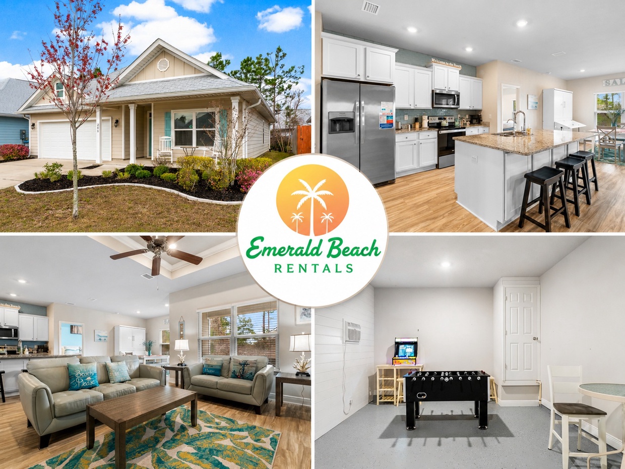 Villa Bay vacation rental near 30A featuring a bright exterior, open kitchen, comfortable living room, and game room. This Emerald Beach Rentals home offers a clean, spacious place to relax close to the beach.