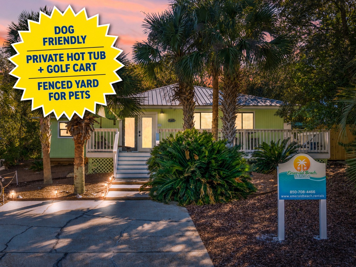 Dog-friendly beach home with private hot tub, golf cart, and fenced backyard in Panama City Beach. Perfect for relaxing, bringing your pet, and enjoying a convenient beach getaway.