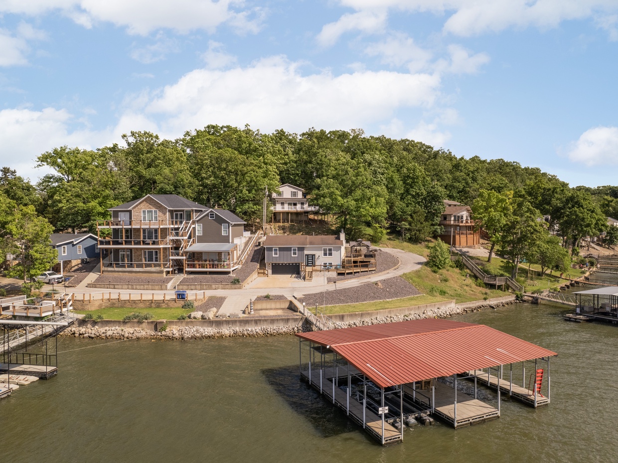 Aerial view of the dock and the house
