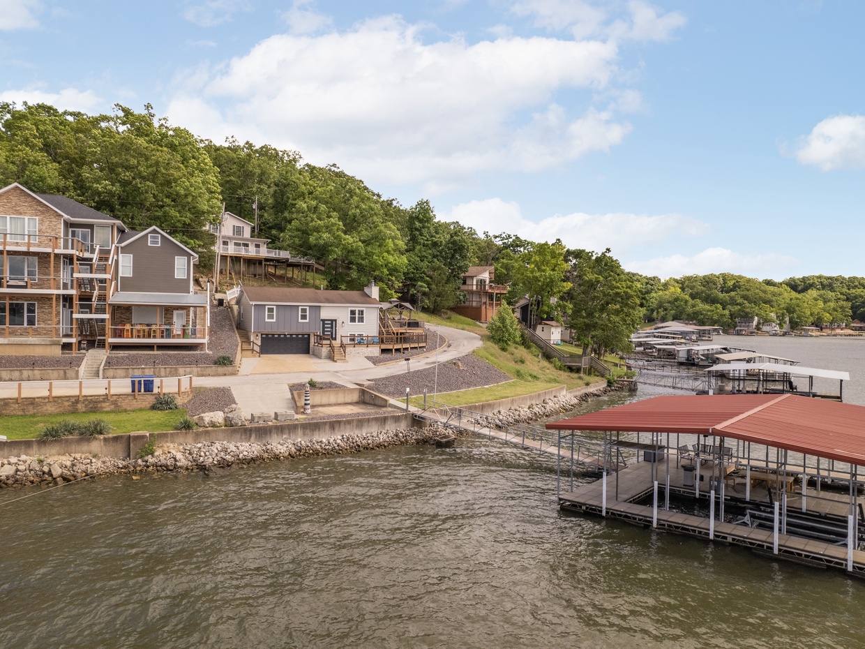 Aerial view of the dock and the house