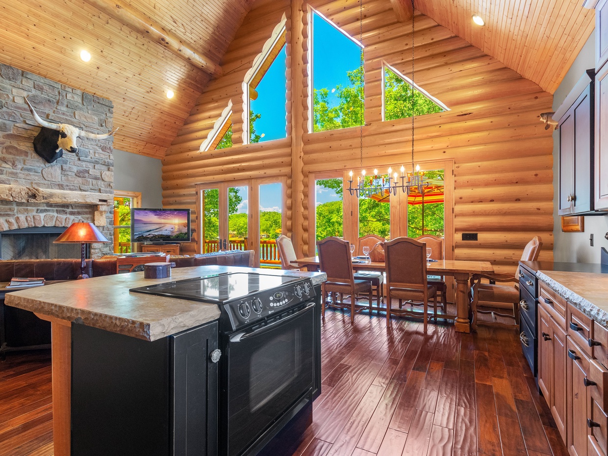 Lakeview living area with kitchen island