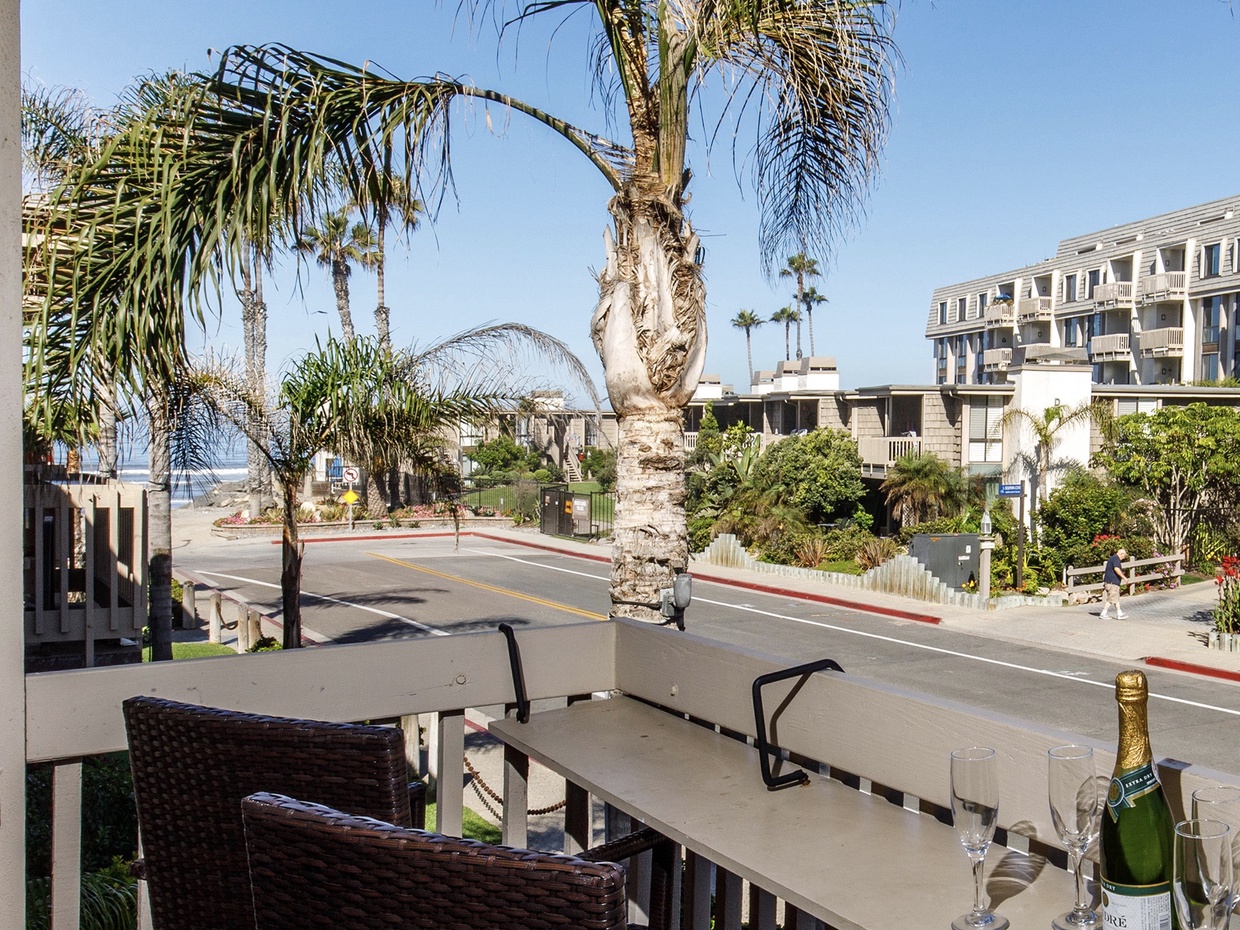The ocean-view balcony features a breakfast bar.