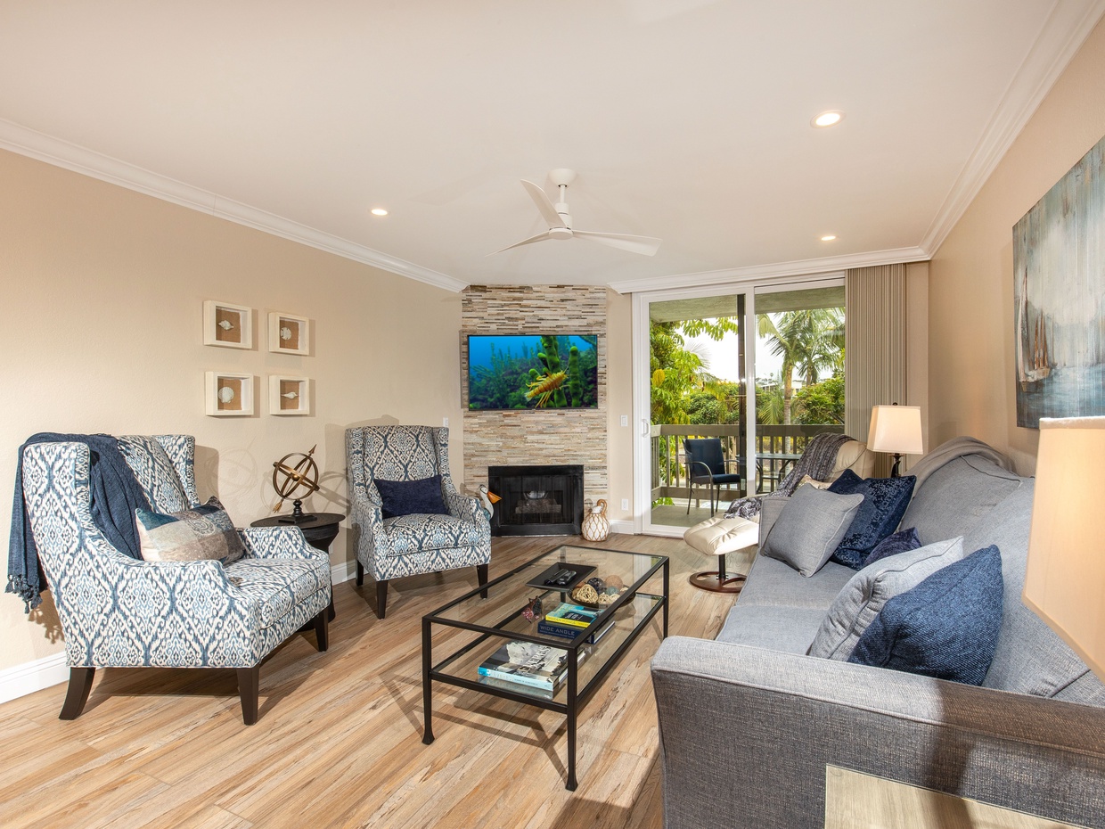 The living room will be a welcome retreat after a day in the sun.