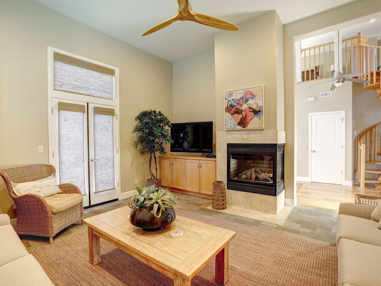 Living room fireplace and TV. 