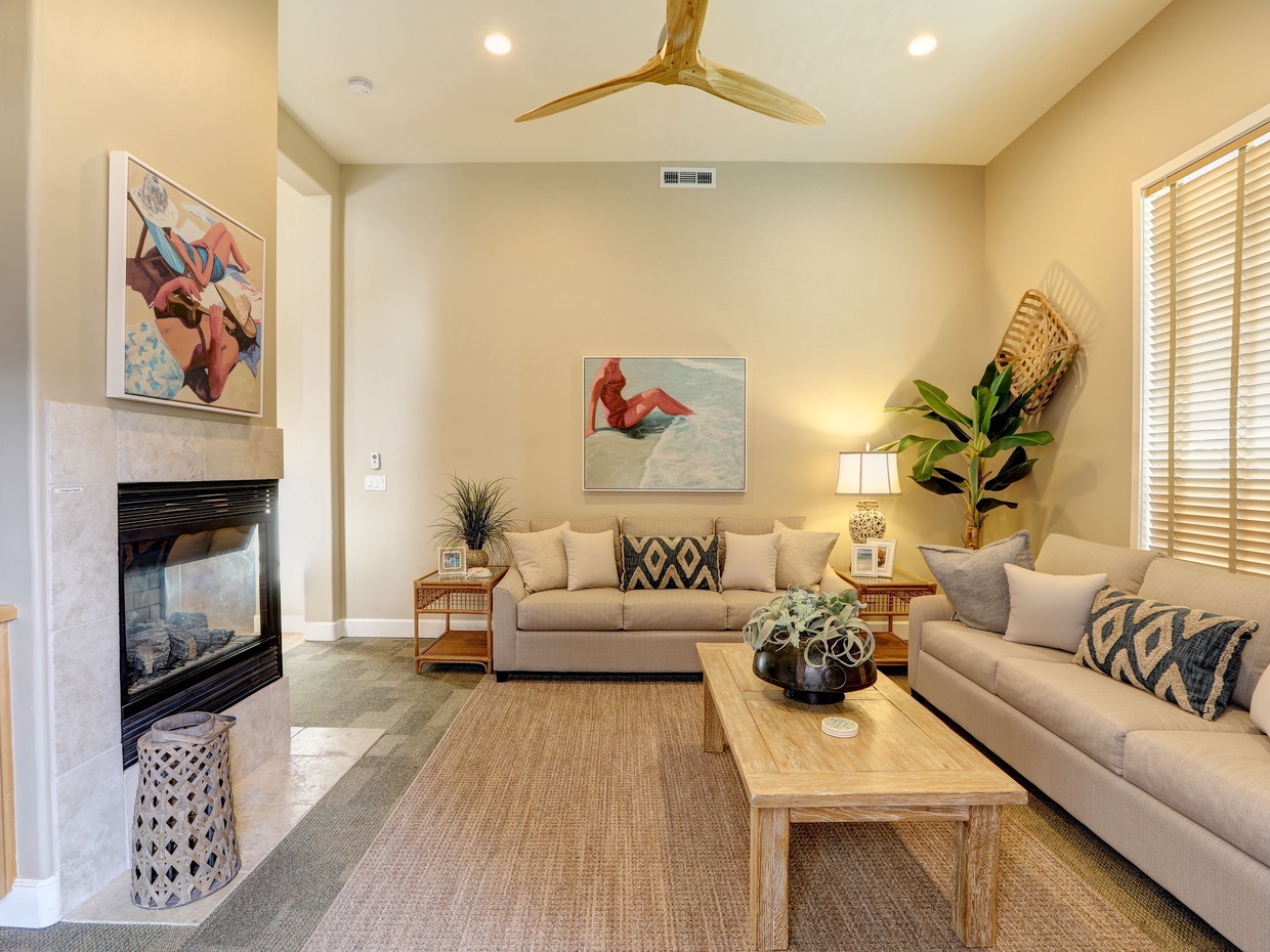 Living Room has a queen sleeper sofa.