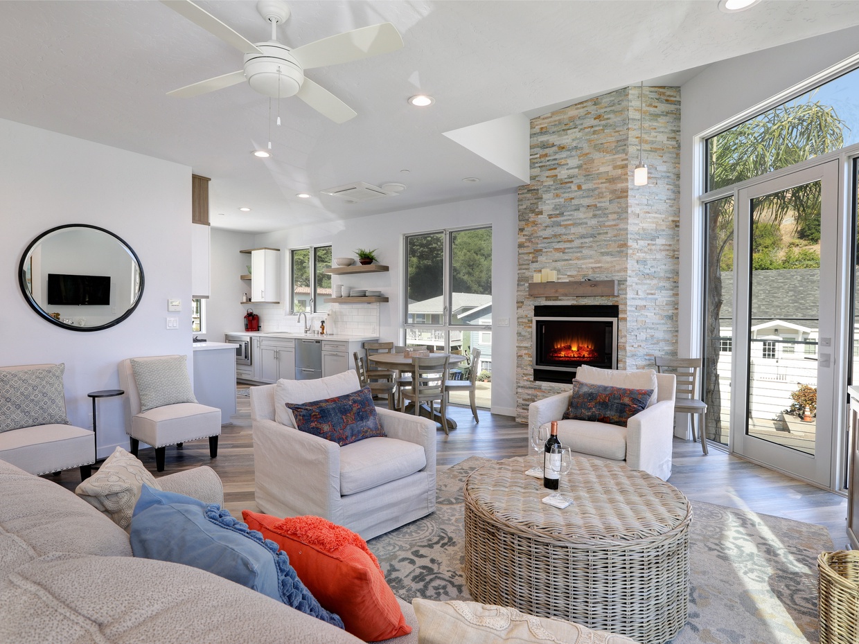 Open living space with expansive views. 
Full sleeper sofa in living room.