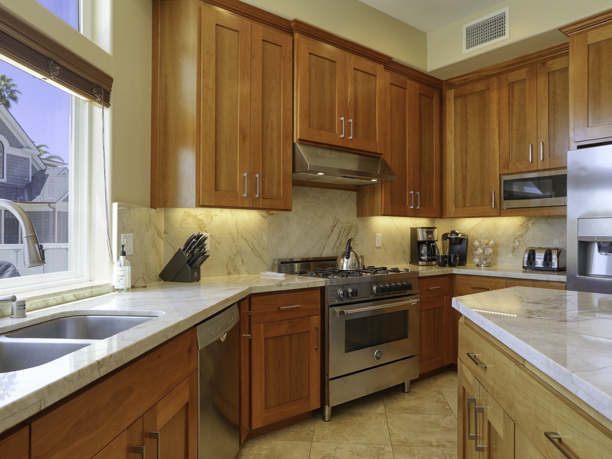 The kitchen has chef grade appliances and is stocked with cooking and serving dish ware. Guest will provide their favorite seasonings and cooking oils.