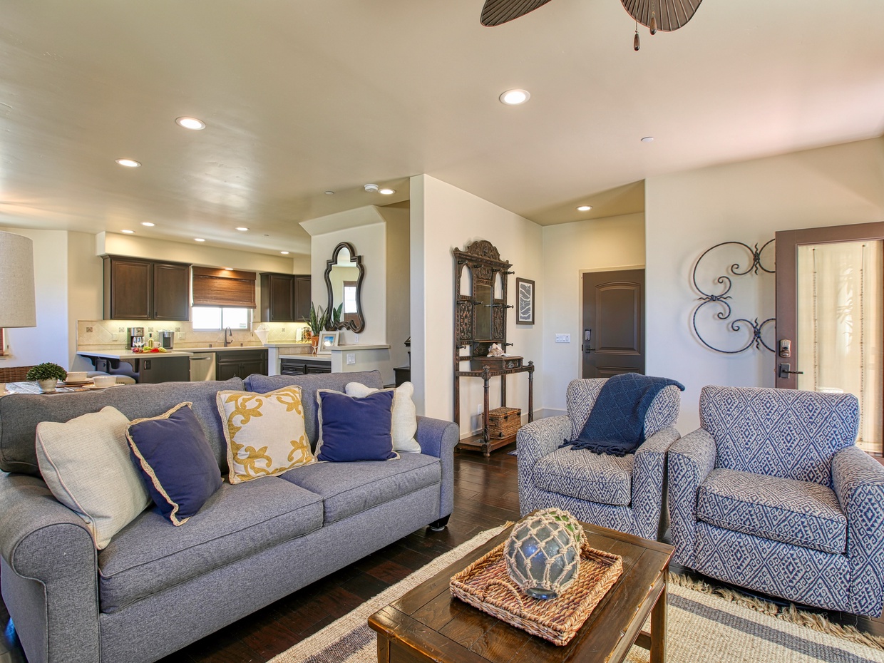 Need a fourth bed? The living room couch makes into a queen sleeper sofa. Dining for 6 plus bar stools at the nearby kitchen counter. 