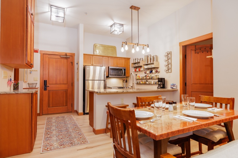 Kitchen flows into dining area