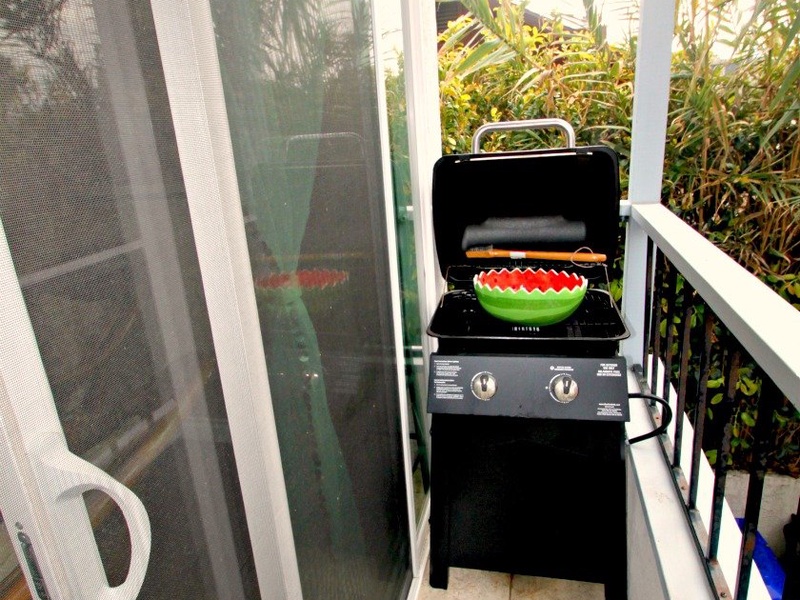 Propane grill is on the balcony off the living room.
