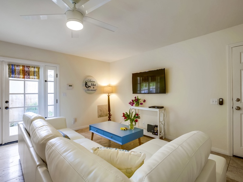 Mounted TV for entertaining.