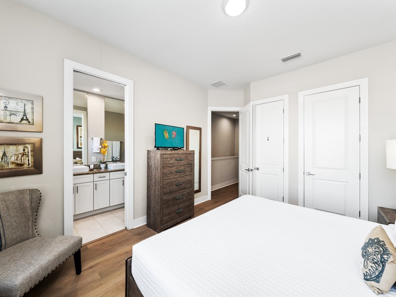 Each bedroom comes with its own closet, TV and bathroom.