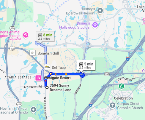 Located just a 5- to 8-minute drive from Walt Disney World (travel times may vary depending on traffic).