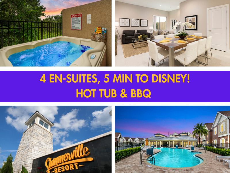 Stay in Summerville Resort, one of the closest to Disney World! In a 4-bedroom 4-bathroom townhome with private hot tub and BBQ!