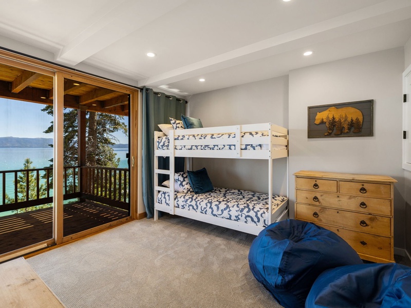 Kids room with twin bunks and plush bean bags