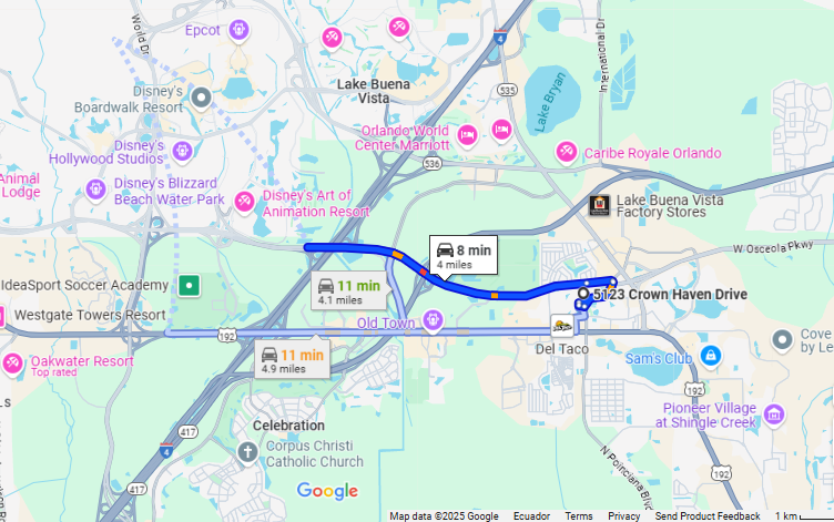 Located less than 10 minutes from Walt Disney World (travel times may vary depending on traffic).