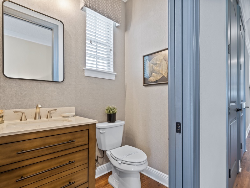 Beautifully decorated guest bathroom.