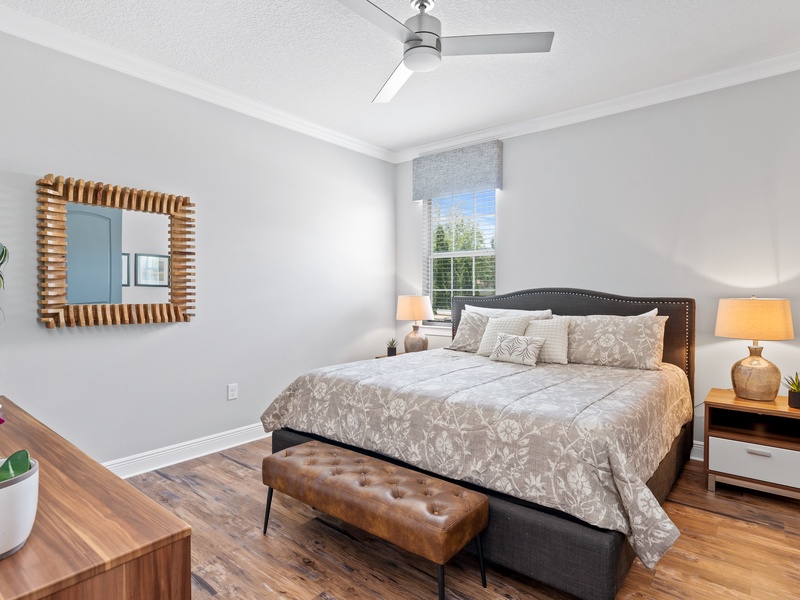 First guest room is located in the first floor and features a king-size bed and a shared bathroom.