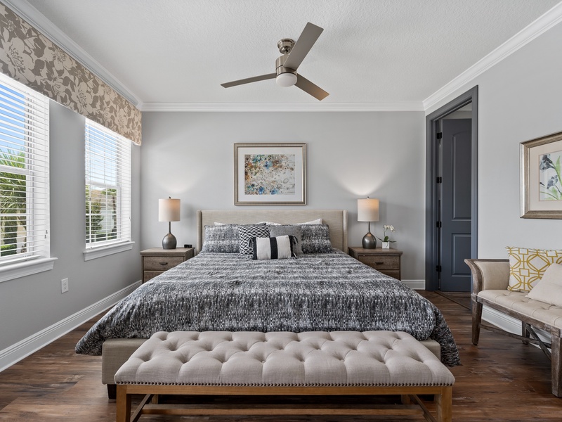Need a good night sleep? The master bedroom comes with a plush, comfortable king-size bed.