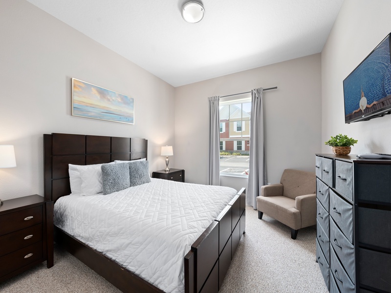 One convenient downstairs bedroom offers its own TV, closet space, and ensuite bathroom.