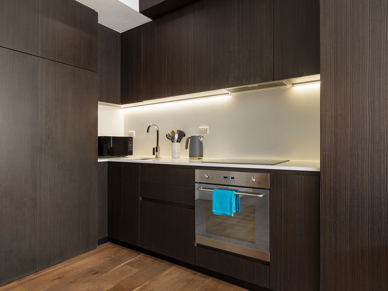Kitchen with Smeg oven and stove.