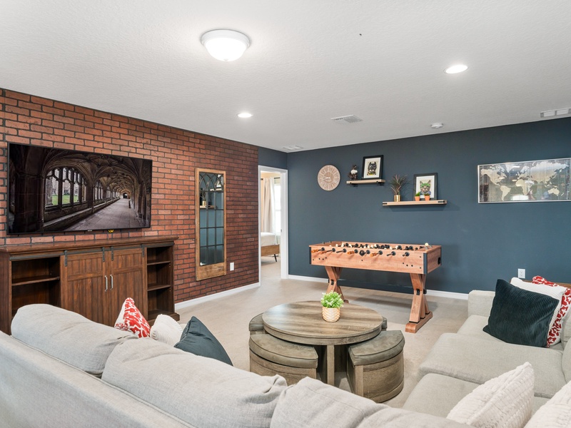 Enjoy a cozy movie night in our second TV room, or challenge your friends to a game of foosball or pool.