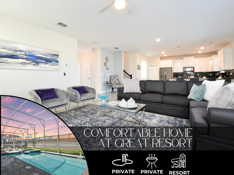 Enjoy a magical Orlando getaway in this 6-bedroom, 6-bathroom with private pool, BBQ and resort access.