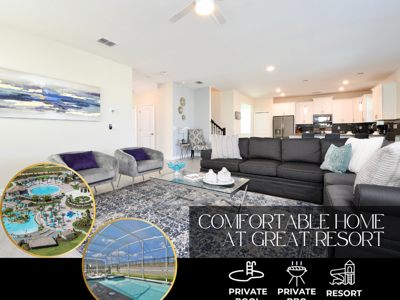 Enjoy a magical Orlando getaway in this 6-bedroom, 6-bathroom with private pool, BBQ and resort access.