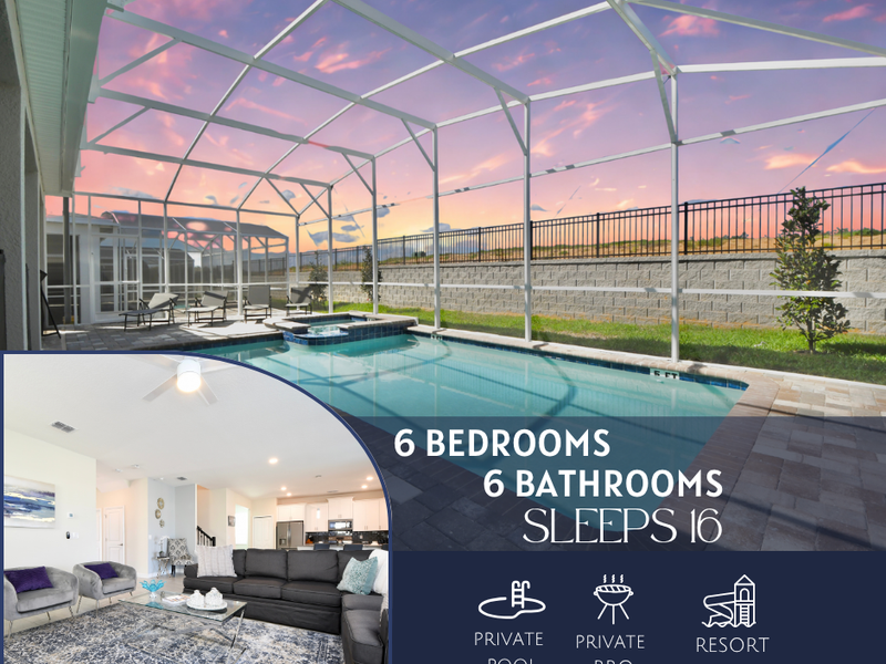 Stay in a spacious 6-bedroom, 6-bathroom home featuring a private pool, BBQ grill, and full access to resort amenities!