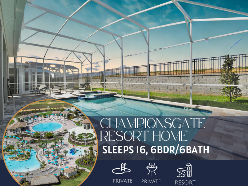Stay in a spacious 6-bedroom, 6-bathroom home featuring a private pool, BBQ grill, and full access to resort amenities!