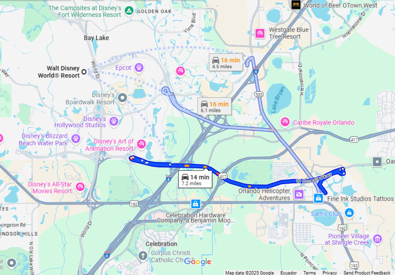 Located at a less that a 15 minute drive from Walt Disney Wolrd Resort (Travel times may vary due to traffic).
