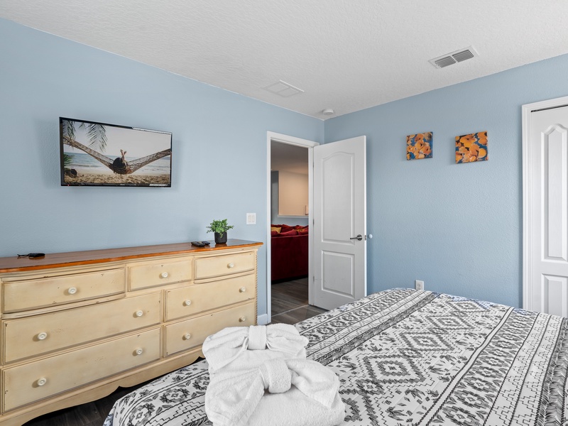 Each bedroom comes with its own TV and closet space for your convenience.