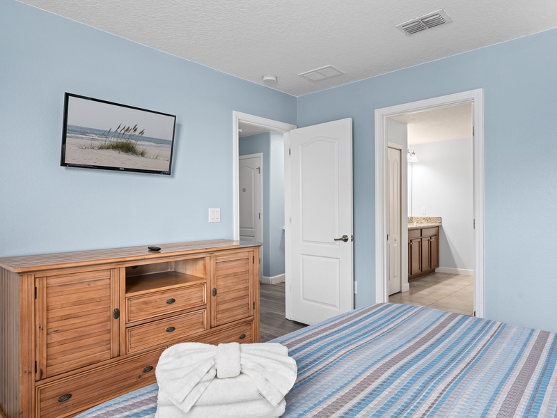 Each bedroom comes with its own TV and closet space for your convenience.