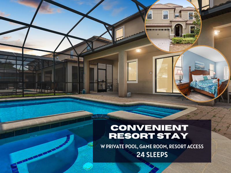 Stay in our 9-bedroom, 5-bath home at Champions Gate Resort—enjoy a private pool and full access to resort amenities!