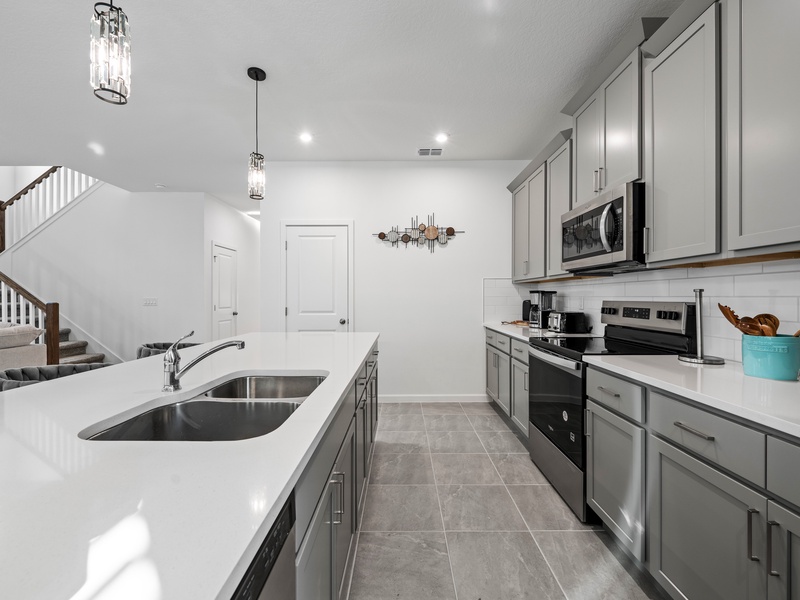 Our kitchen is fully-equipped with new stainless steel appliances.