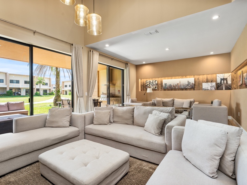 Open-concept spaces with plush seating, perfect for relaxing and enjoying comfortable movie nights.